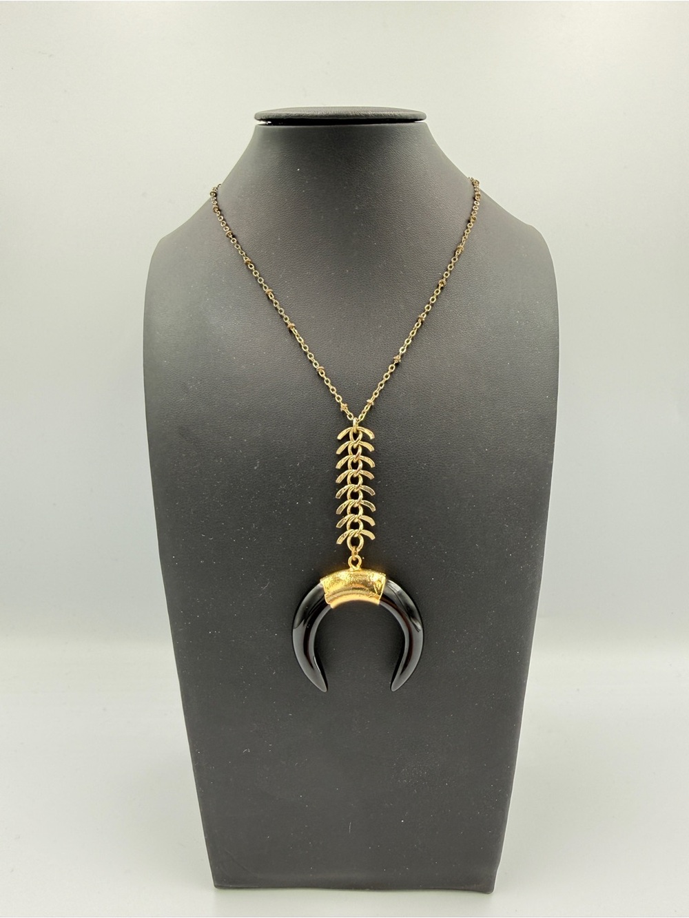 Gold Chain Necklace with Black Crescent Pendant - Women Jewelry